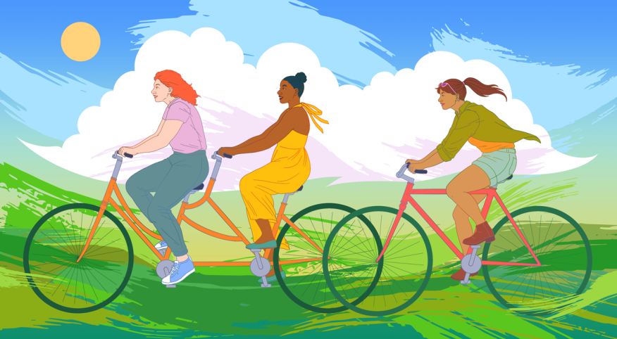 illustration of 3 friends riding bikes together