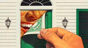 Conceptual illustration of a hosue door made of money being peeled back to reveal a smiling face