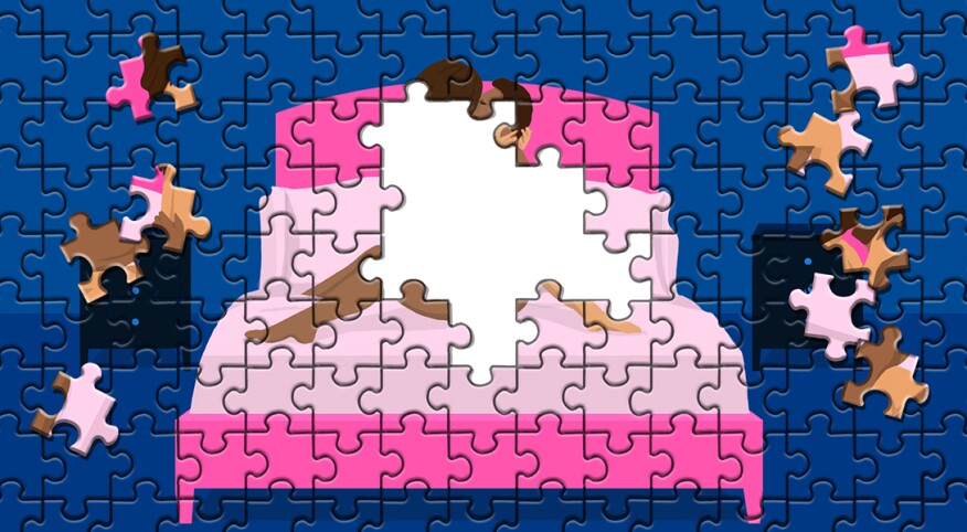 illustration of puzzle with couple making love on bed with pieces missing