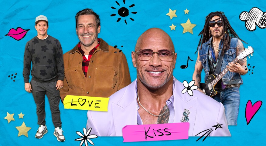 photo collage of 4 male celebrities, crushes, the rock, lenny kravitz, Jon Hamm, Mark Wahlberg