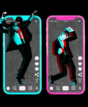 Graphic treatment of a man dancing in and out of a mobile phone