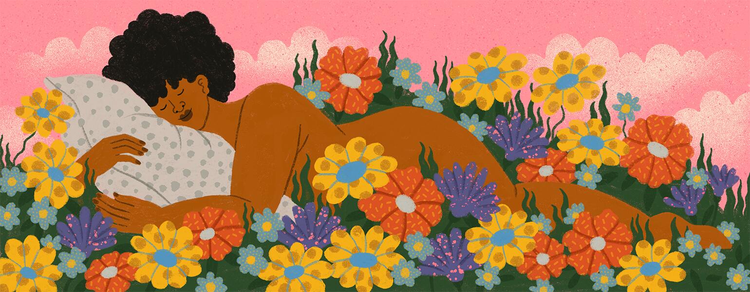 Illustration of black lady laying on a bed of flowers enjoying time by herself.