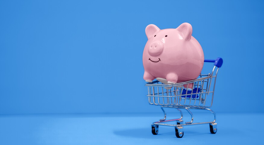 Piggy Bank Inside Shopping Cart on a blue background