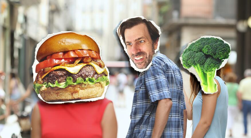 Collage of man walking looking at hamburger with enthusiasm while broccoli is right next to him