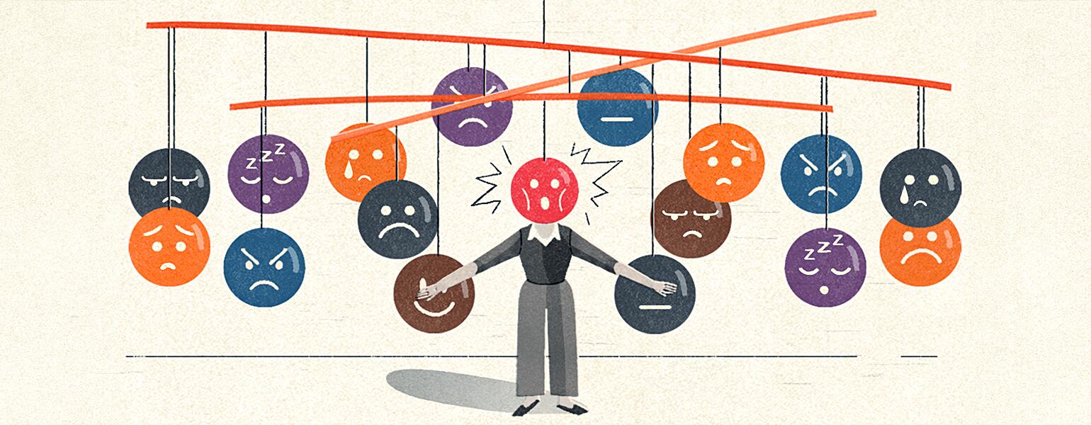 illustration of different negative emotions circling around lady because of perimenopause