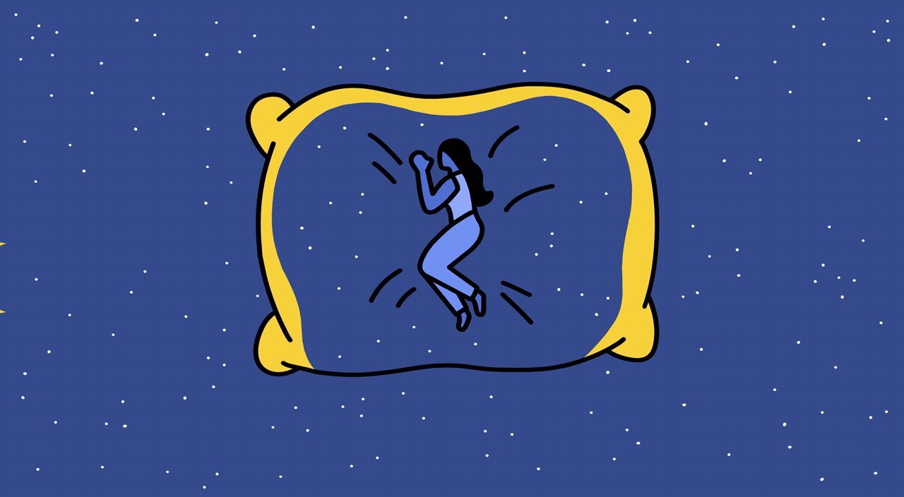 animation of moon moving over a lady sleeping on a big pillow, sleep, rest