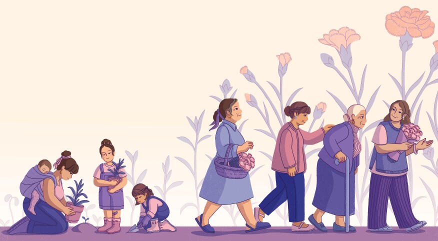 daughters with mother, young and then old, illustration