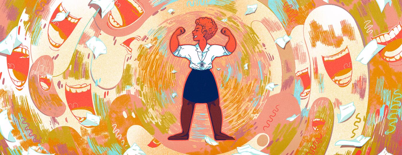 illustration of lady surrounded by talking mouths by islenia mil