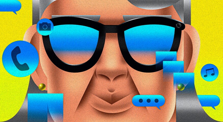 smartglasses, worn on older woman, screens popping up, illustration