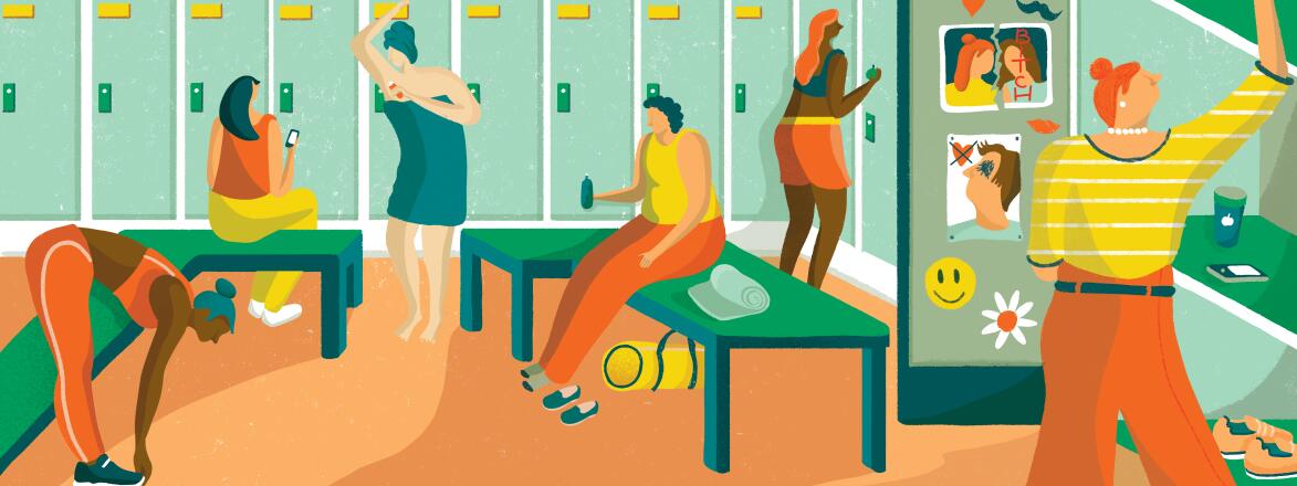 Illustration of women in a high school locker room