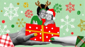 illustration of two female friends hugging each other emerging from a gift box, holidays