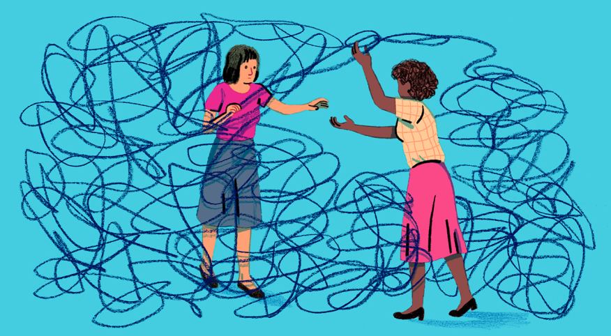illustration of woman helping another woman free herself from anxiety