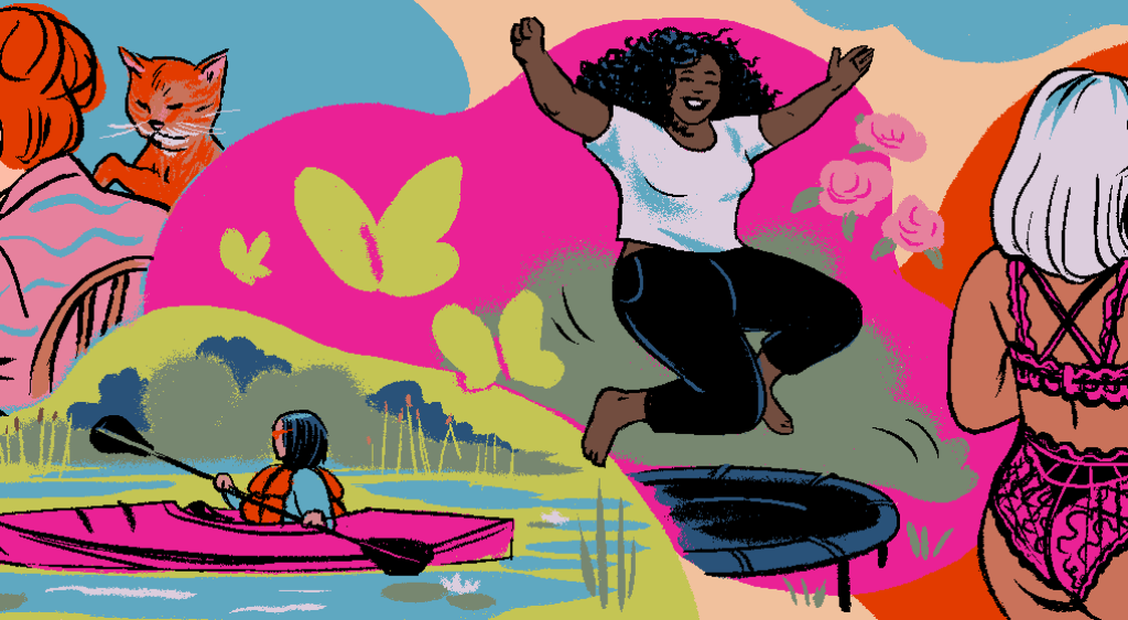 illustration, women, selfcare, reading, canoeing, jumping, lingerie