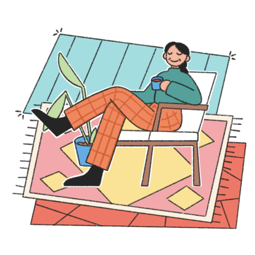 illustration of woman sitting on chair surrounded by different colorful rugs