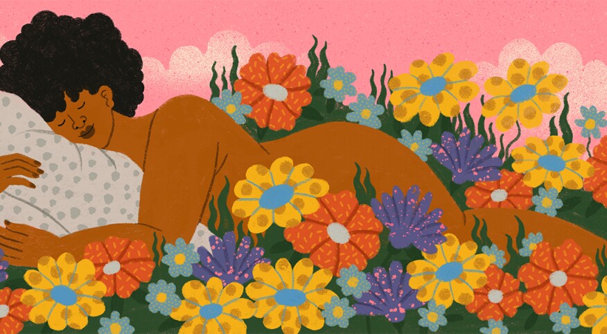 Illustration of black lady laying on a bed of flowers enjoying time by herself.