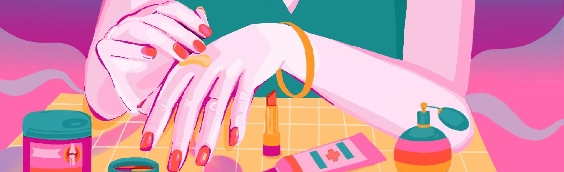 Illustration of a woman putting cream on her knuckles where arthritis pain can occur.