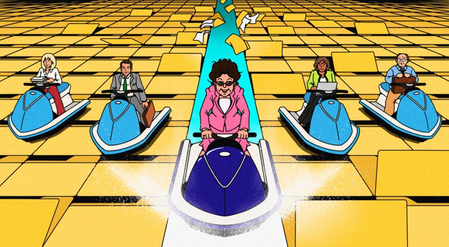 illustration of woman on jetski racing other people, launch a business