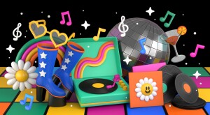 illustration of 70s inspired items, 70s playlist, music