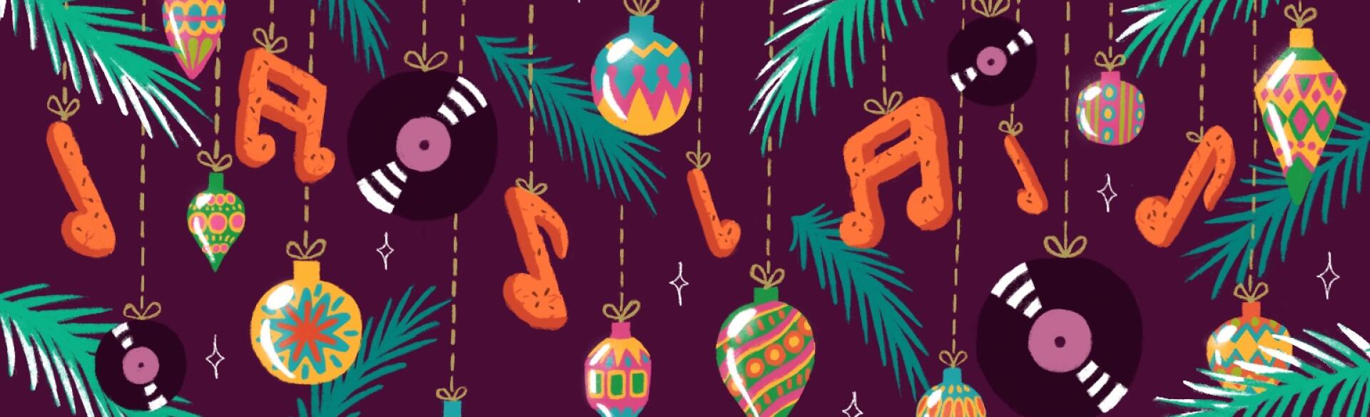 illustration of christmas ornaments and music notes spotify playlist by charlot kristensen