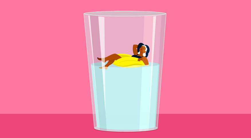 illustration of woman floating in glass cup of water
