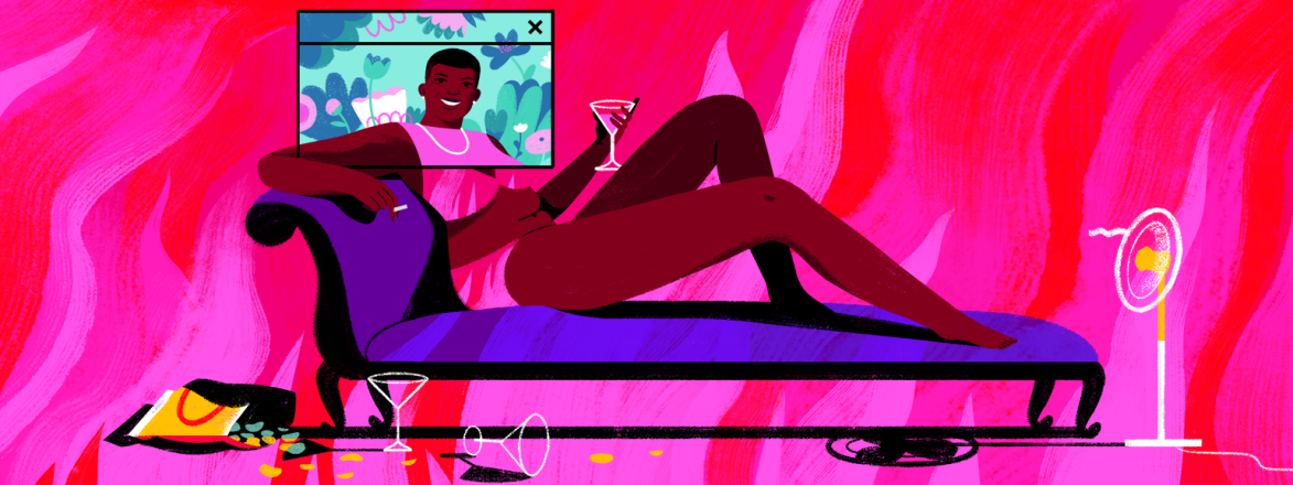 illustration of woman lounging on chair in bra and underwear with martini and fan on her