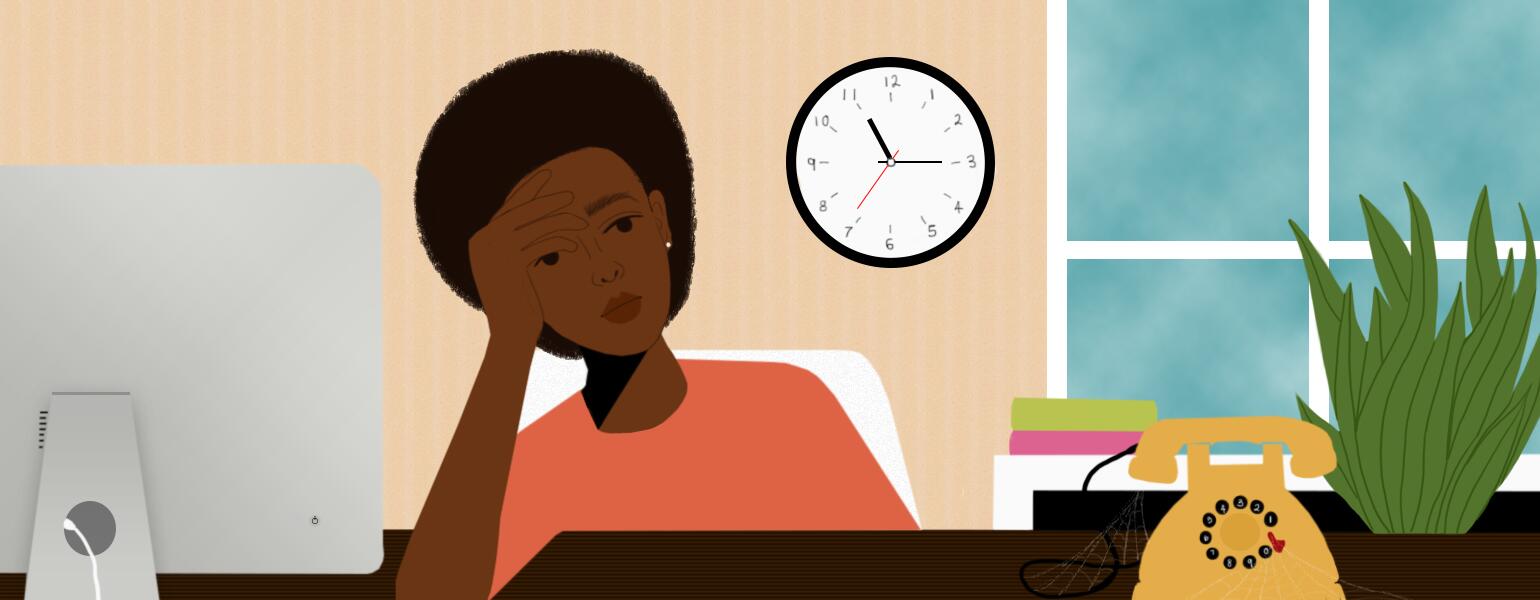 illustration of lady looking upset and sitting at desk