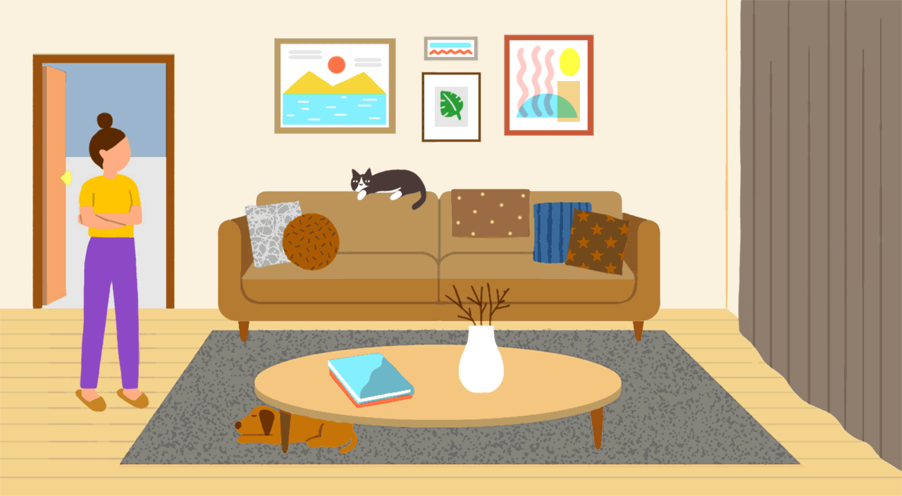 gif of illustrations of before and after living room with decor swaps