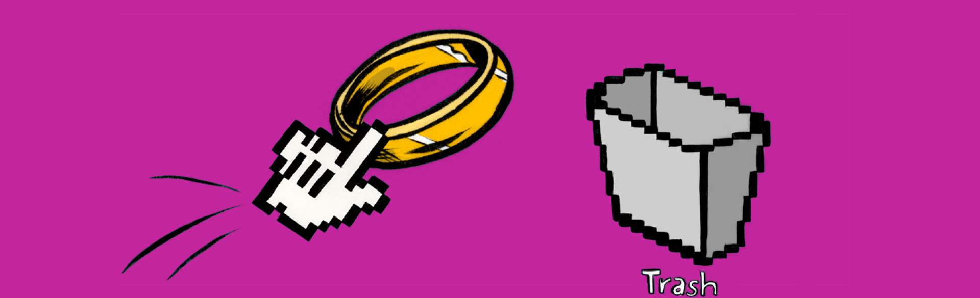A graphic of a computer pointer moving a wedding ring to the trash icon.