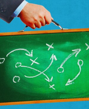 Illustration if hand carrying chalkboard in place of briefcase with sports plays written on them