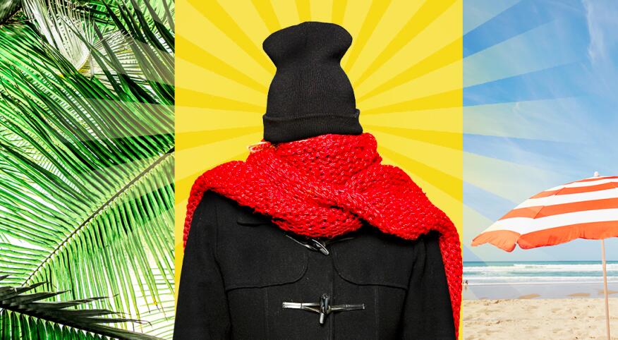 collage of palm tree, woman wrapped in winter coat scarf and hat, and beach umbrellas