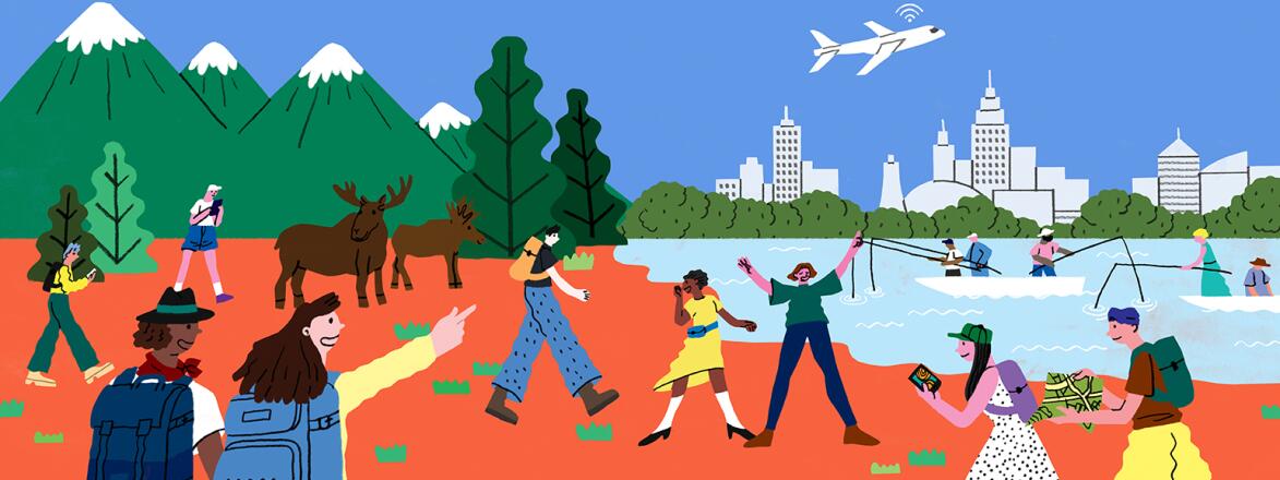 illustration of travel adventures such as camping fishing and exploring a big city