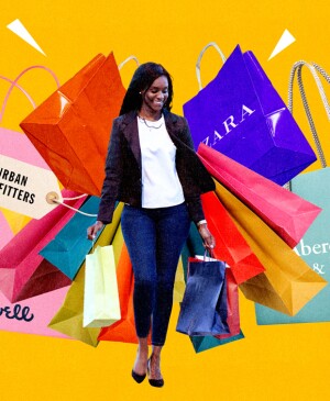 photo collage of woman holding shopping bags