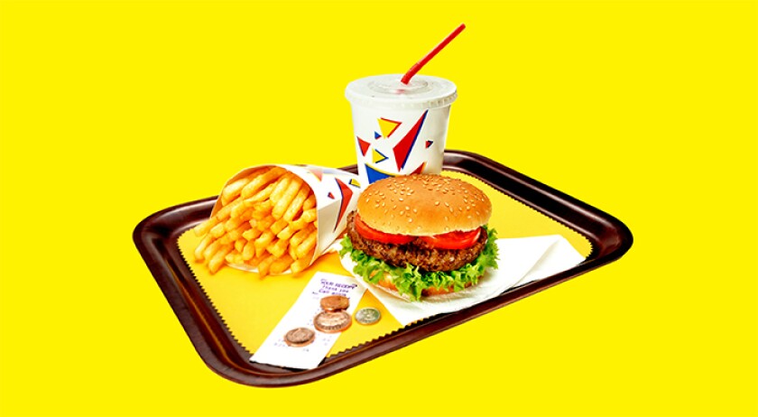 image of french fries, hamburger, and soda on try