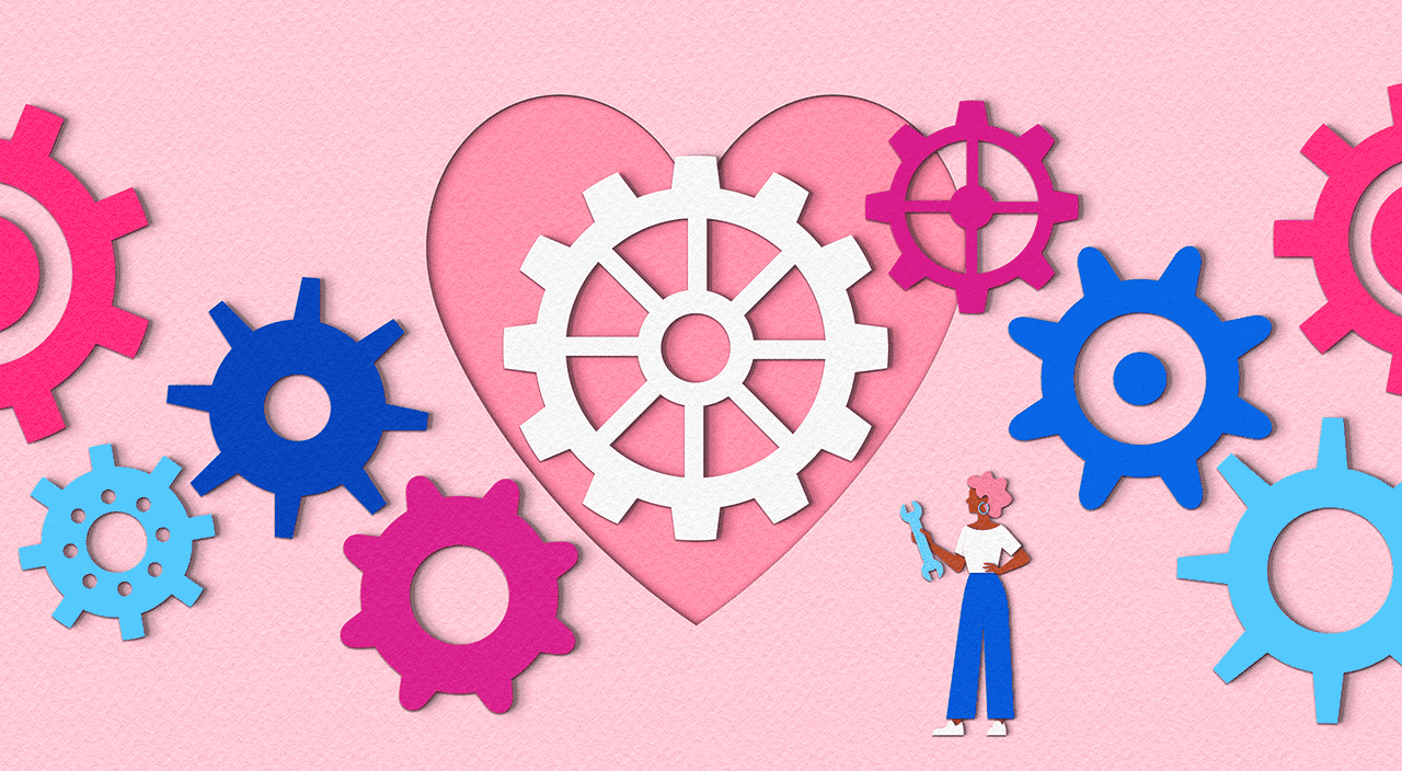 gif illustration of woman holding a wrench fixing her heart