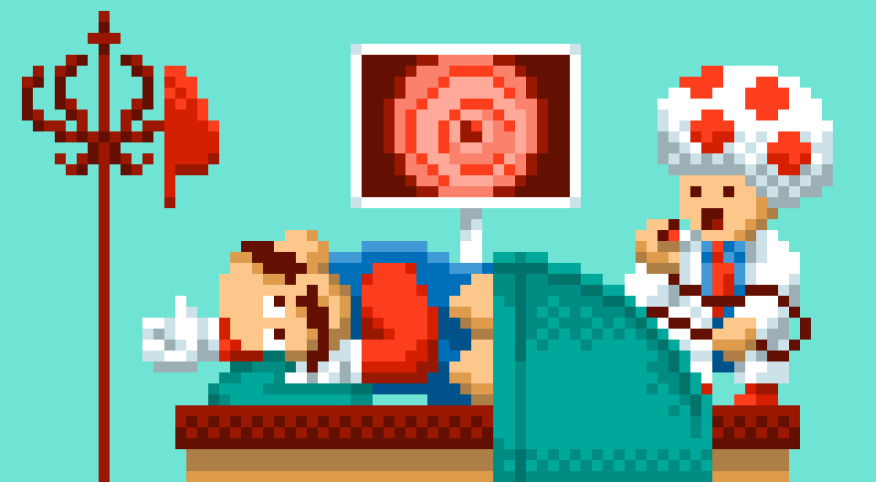 Humorous interpretation of Super Mario on a doctors table getting a colonoscopy.