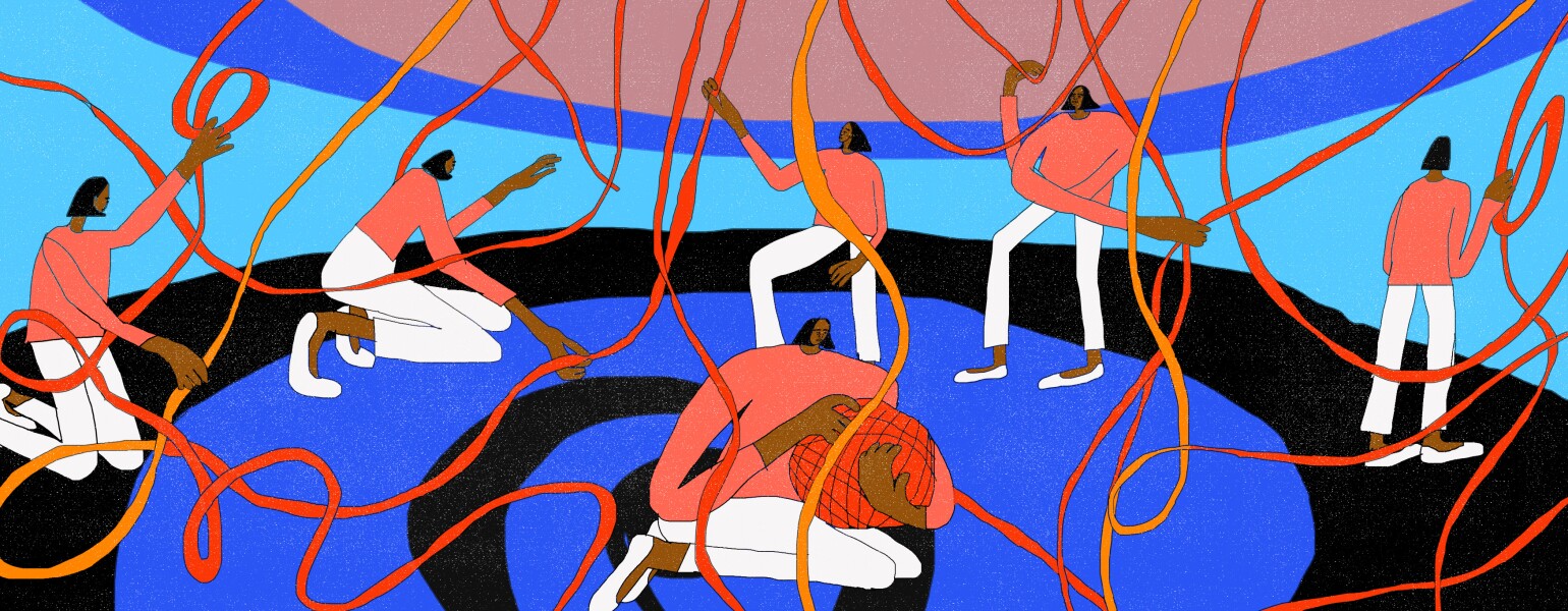 illustration of lady trying to put back together a yarn ball