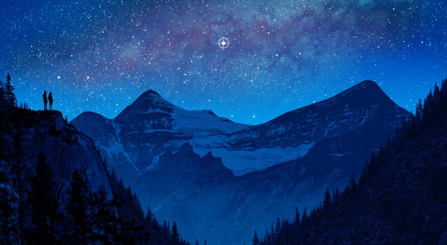 Painting of a dramatic night sky with mountains