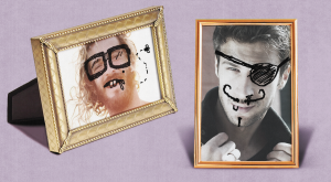 Photos of people in photo frames with hand drawn doodles over the faces