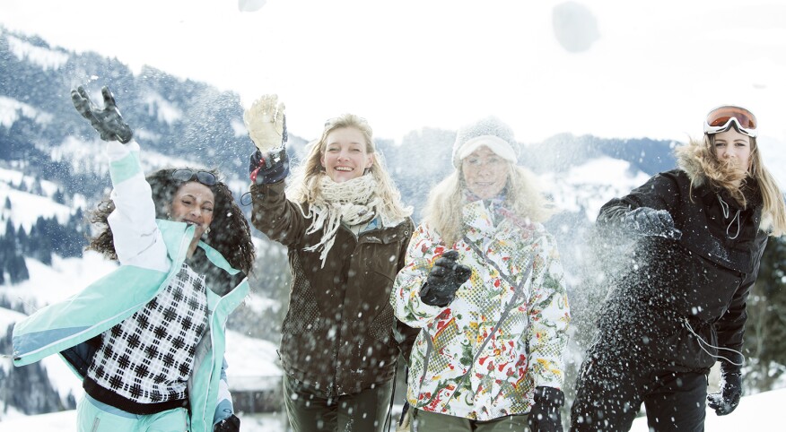 aarp, the girlfriend, skiing, snowboarding, winter sports, snowball fight, best friends
