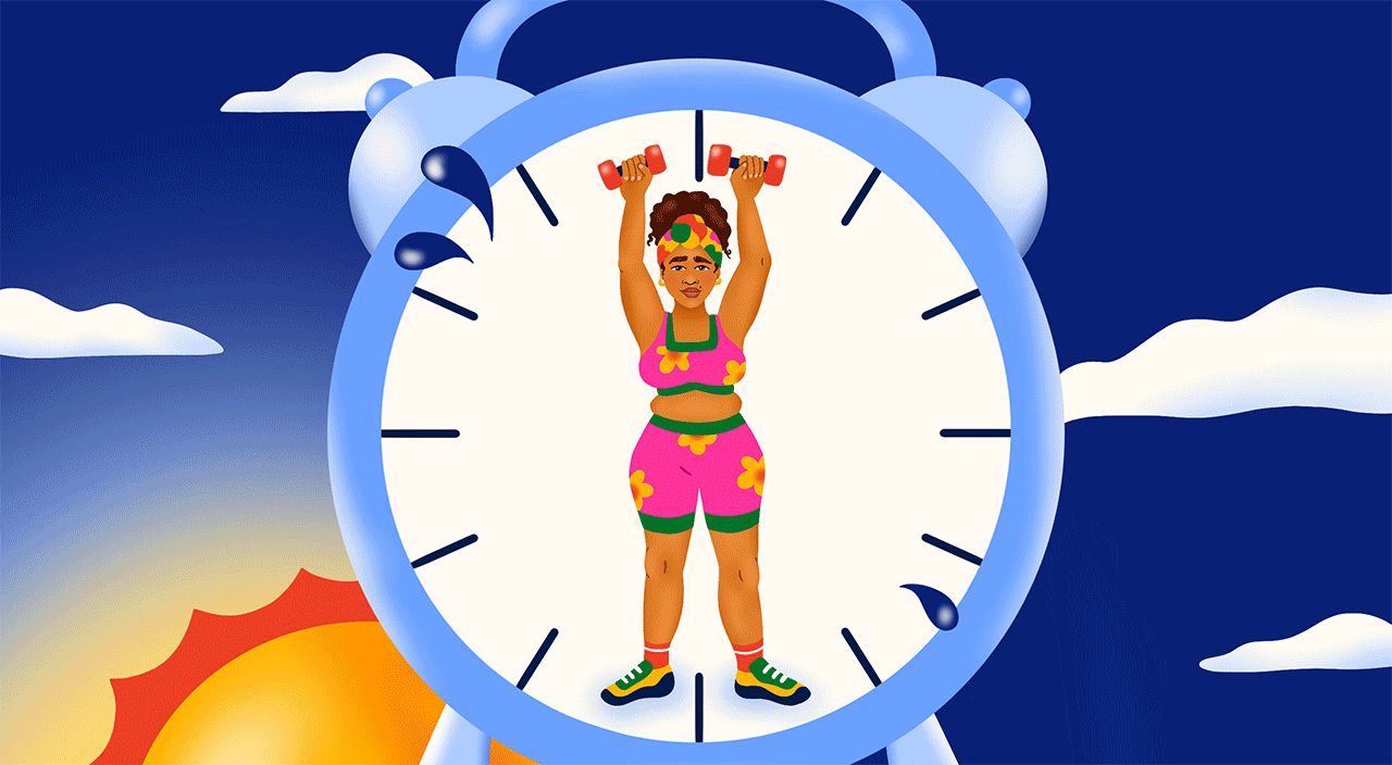 gif illustration of woman exercising at different times during the day and night, fitness, exercise, working out