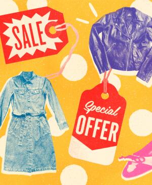 illustration collage of sale tags on clothing and shoes