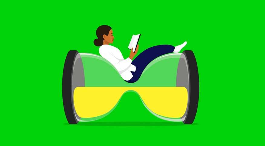illustration of woman reading a book on top of sideways hourglass
