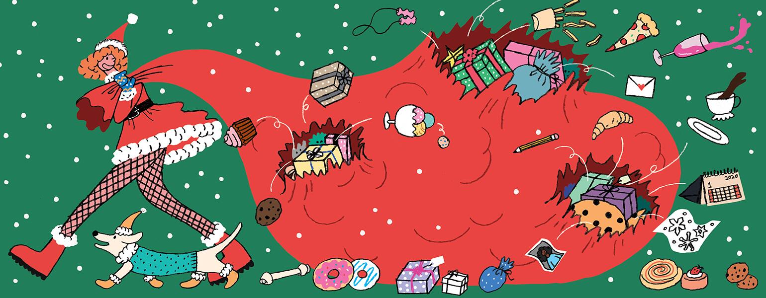 illustration of lady pulling a bag full of different holiday gifts by hye jin chung