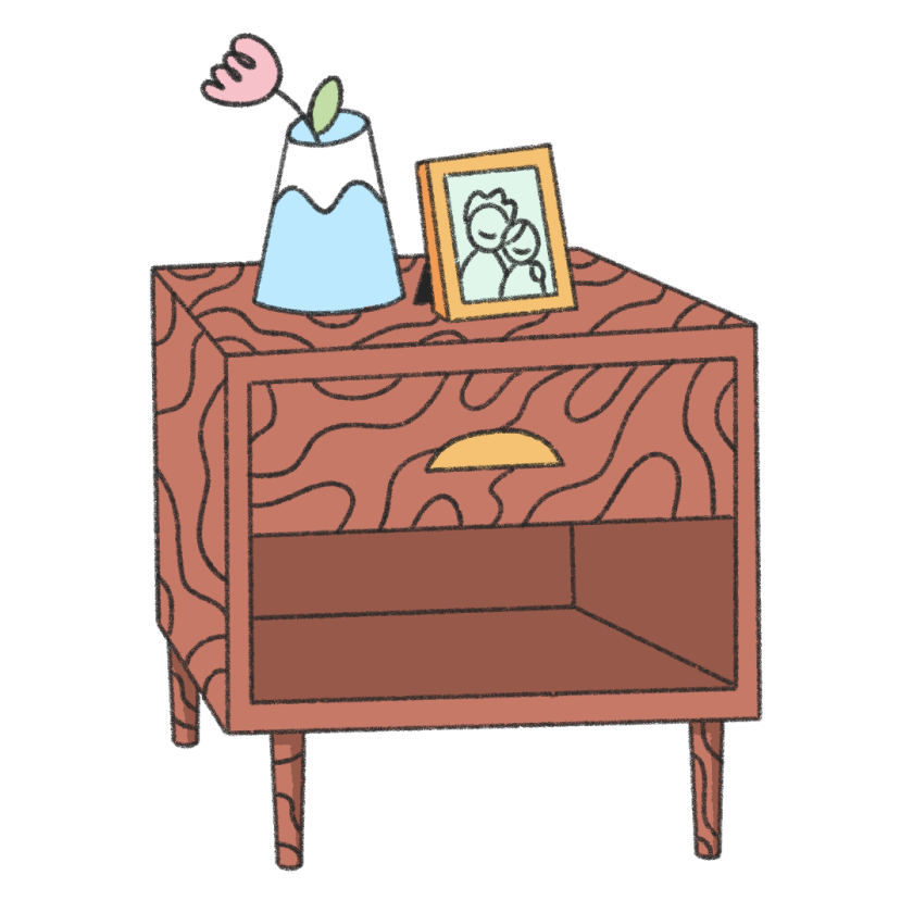 illustration of wood night table with picture frame and flower vase on top