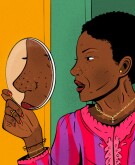 illustration of woman holding a mirror seeing her pores, shrink pores, skin care