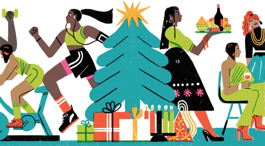 illustration of ladies exercising to avoid holiday weight gain by irene rinaldi