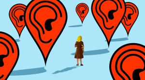 illustration of woman standing surrounded by location pins with ears, hearing aids