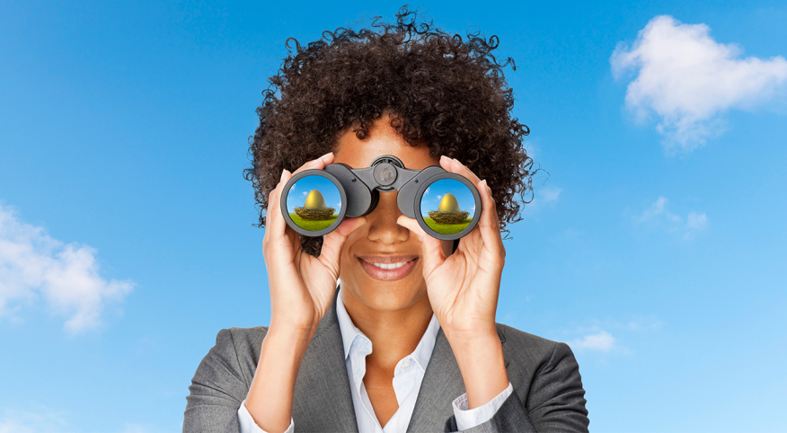 image of woman using binoculars looking at retirement nest eggs