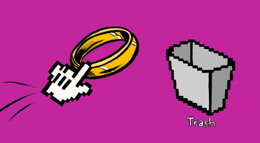 A graphic of a computer pointer moving a wedding ring to the trash icon.