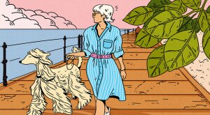 illustration of woman wearing a shirt dress and walking her dog on sidewalk next to lake